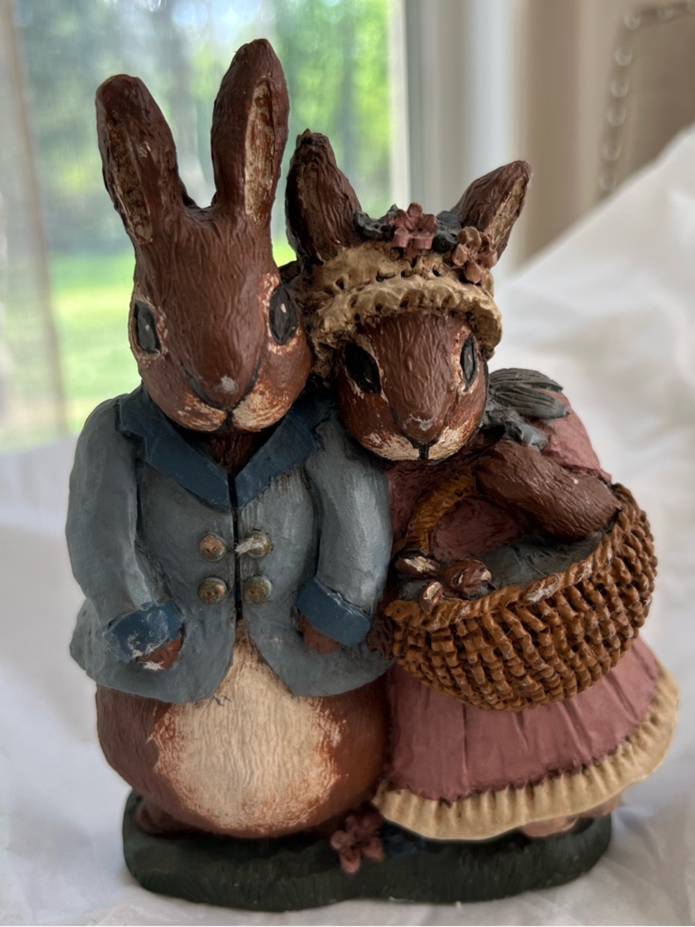 BUNNY COUPLE FIGURINE Brown Rabbit Figure Decor Resin Rustic Farmhouse Signed